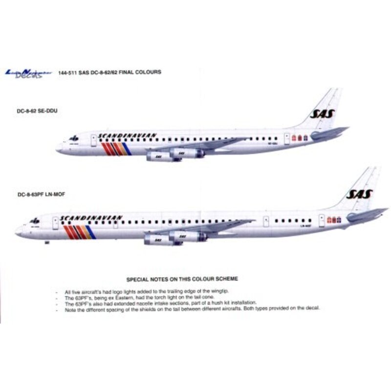 Décal Douglas DC-8-62/63 SAS Final colours. Only 5 painted in this scheme and all registrations are included