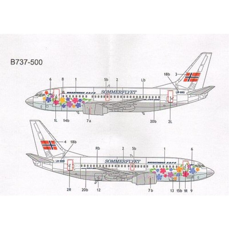 Décal Boeing 737-200 Braathens Safe Sommerflyet scheme N197 JQ 1988 and Boeing 737-700 LN-BRD 1990