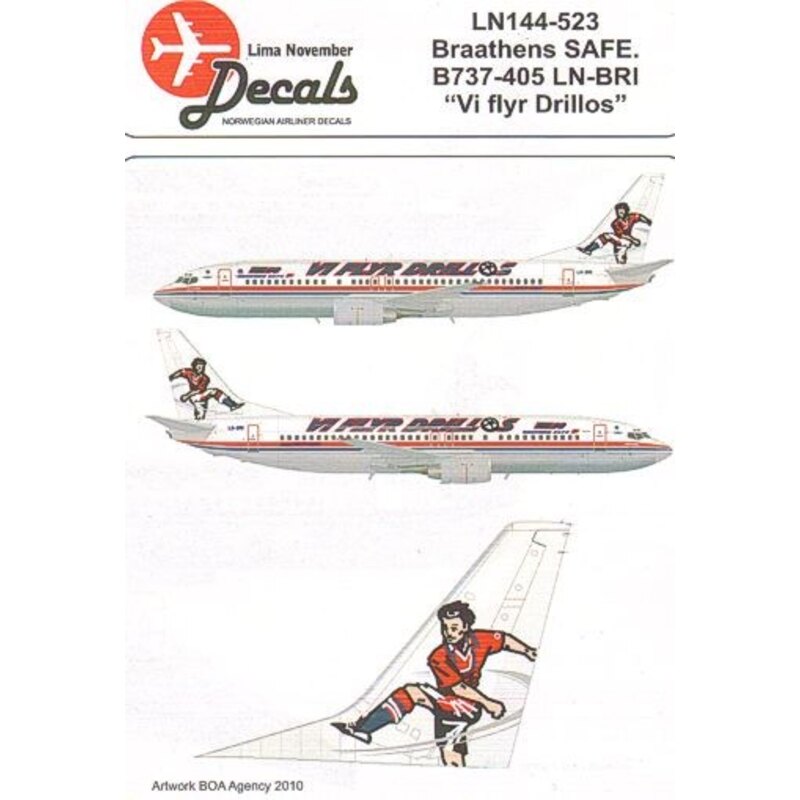 Décal Boeing 737-400 Braathens SAFE LN-BRI in the Vi flyr Drillos cs. (designed to be used with Minicraft and Skyline kits)