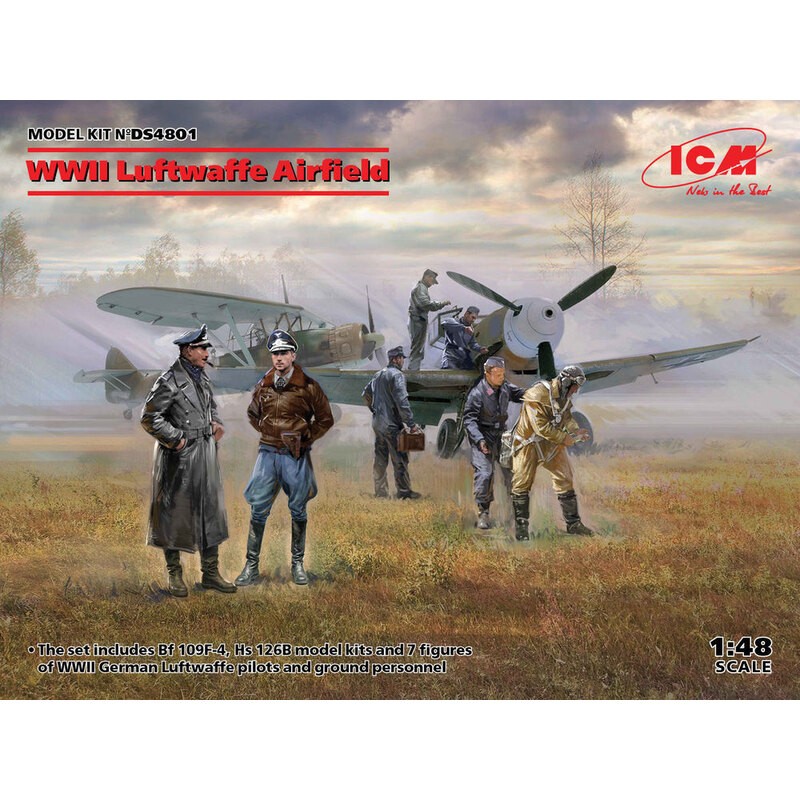 Terrain d'aviation Luftwaffe Seconde Guerre mondiale (MesserschmittBf109F-4, Hs126B-1, pilote, personnel au sol - 7 fig)