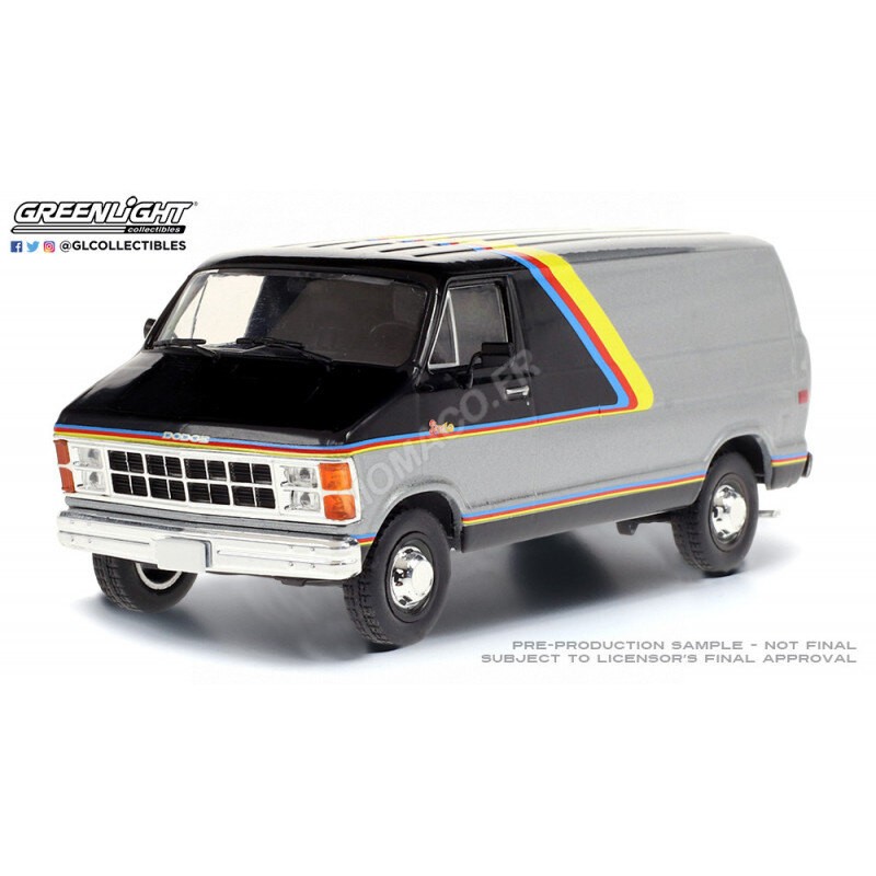 DODGE RAM B250 VAN 1980 ARGENT/NOIR AVEC BANDES JAUNES/ROUGES/BLEUES