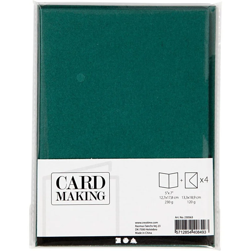 Cartes et enveloppes, vert foncé, dimension carte 12,7x17,8 cm, dimension enveloppes 13,3x18,5 cm, 230 gr, 4 set/ 1 Pq.