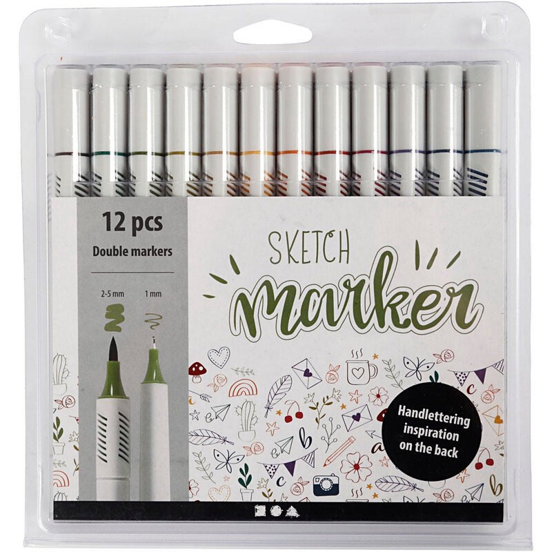 Crayons divers et feutres Feutres Sketch Marker, couleurs pastel, trait 1+2-5 mm, 12 pièce/ 1 Pq.