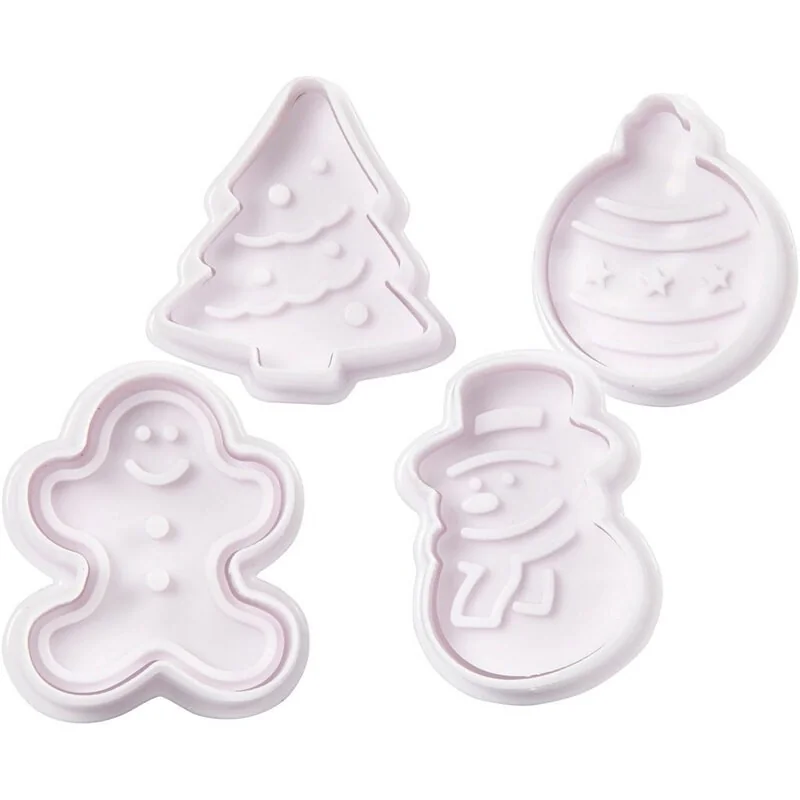 Emporte-pièces avec tampon, blanc, Sapin de Noël, bonhomme de neige, bonhomme en pain d'épice, boule de Noël, H: 5 cm, 4 pièce/ 