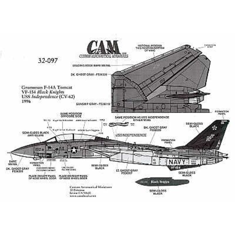 Décal Grumman F-14A (1) 161621 NF/100 VF-154 Black Knights USS Independence 1996 double sheet