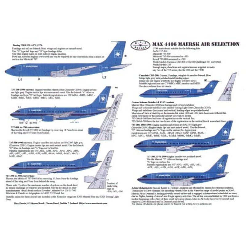 Décal Maersk Air Fleet. Includes Boeing 720B OY-APY and all Boeing 737-200 Boeing 737-300 Boeing 737-500 Boeing 737-700 and Cana