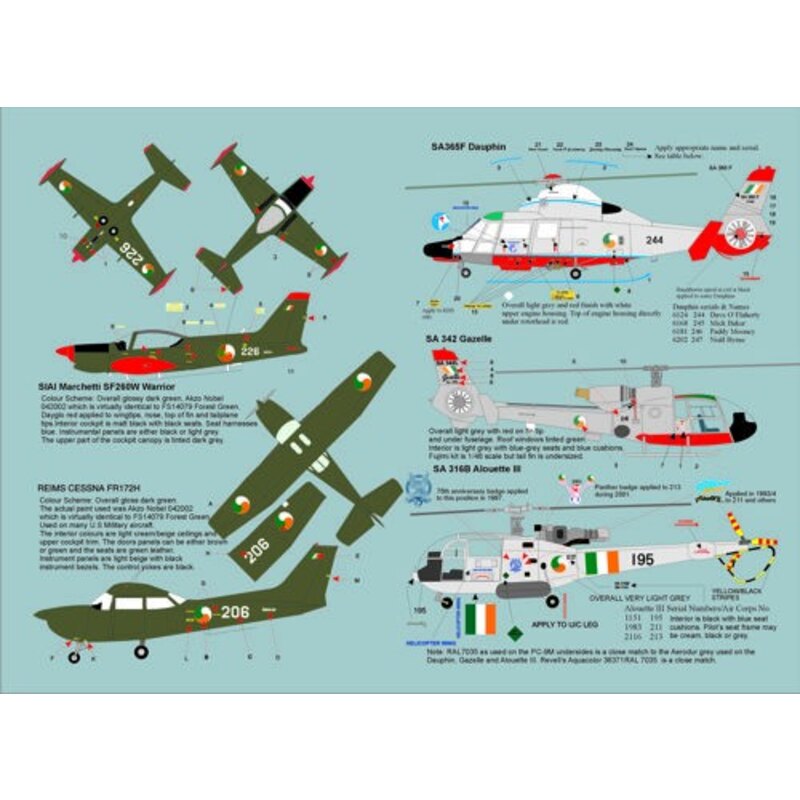 Décal Irish Air Corps 1990-2010 (7) SIAI Marchetti SF 260W Warrior No 226 Reims Cessna FR 172H No.206 SA365F Dauphin No 244 SA 3