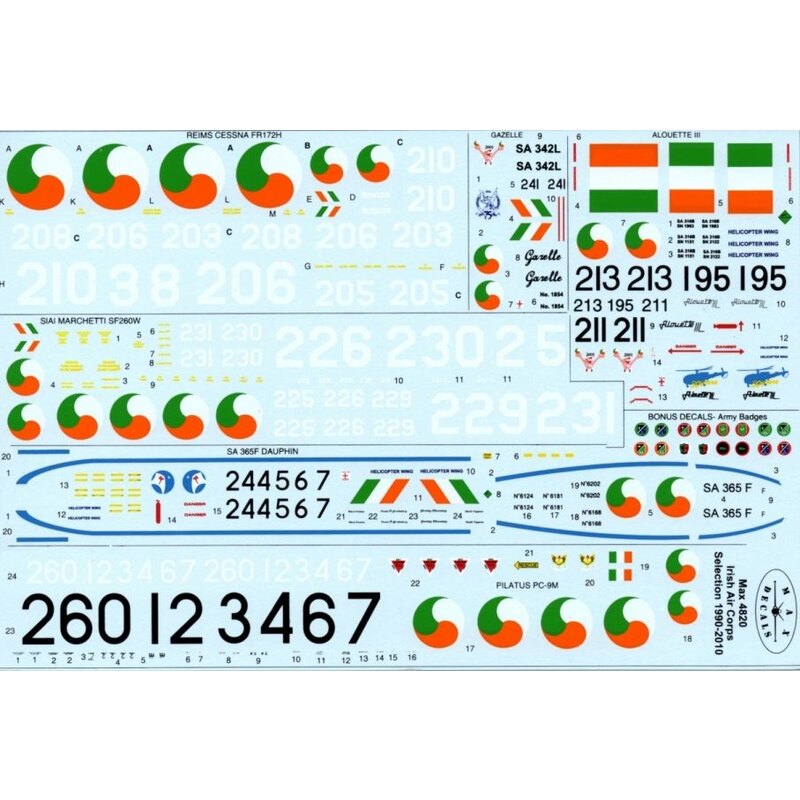 Décal Irish Air Corps 1990-2010 (7) SIAI Marchetti SF 260W Warrior No 226 Reims Cessna FR 172H No.206 SA365F Dauphin No 244 SA 3