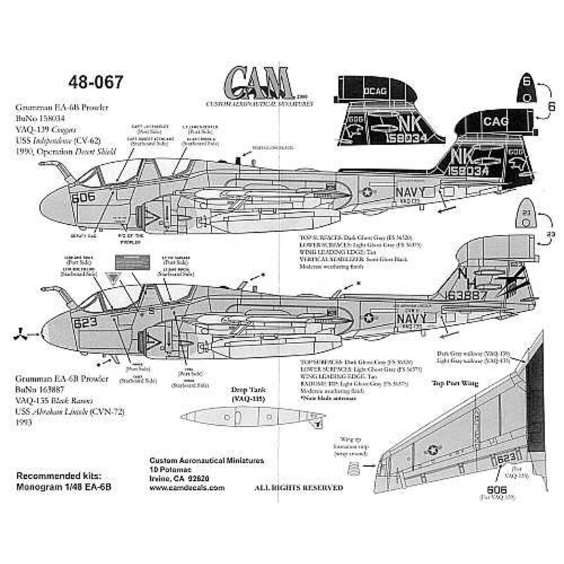Décal Grumman EA-6B Prowlers (2) 158034 VAQ-139 Cougars (CAG) USS Independence Desert Shield 1990 163887 VAQ-135 Black ravens US