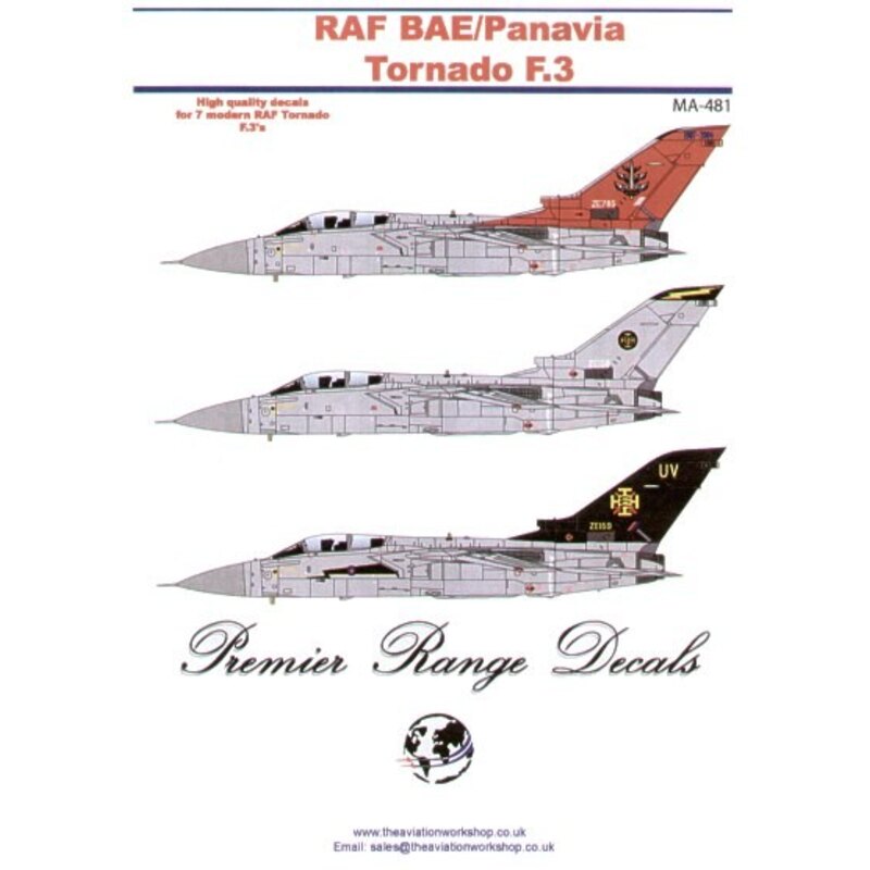 Décal Panavia Tornado F.3 (7) ZE159/UV 111 Sqn 2002 Black fin ZH555 5 Sqn 2002 ZE785 OEU 2004 Red fin 1997-2004 ZE294/DD 11 Sqn 