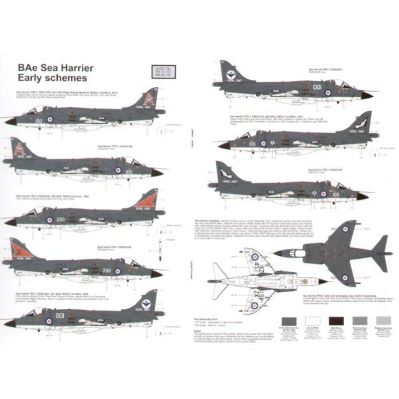 Décal BAe Sea Harrier FRS.1 (9) XZ451/100 700A Flight 1976 XZ454/250800NAS 1980 xz483/001 801 NAS 1980 XZ453/105 899 NAS 1981. A