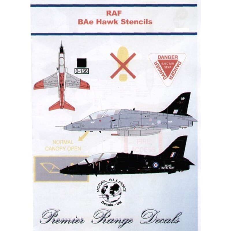 Décal BAe Hawk Stencils. Four sets for use on red/white green/grey camo overall grey and overall black aircraft