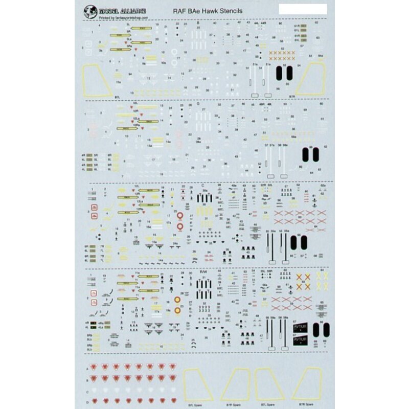 Décal BAe Hawk Stencils. Four sets for use on red/white green/grey camo overall grey and overall black aircraft