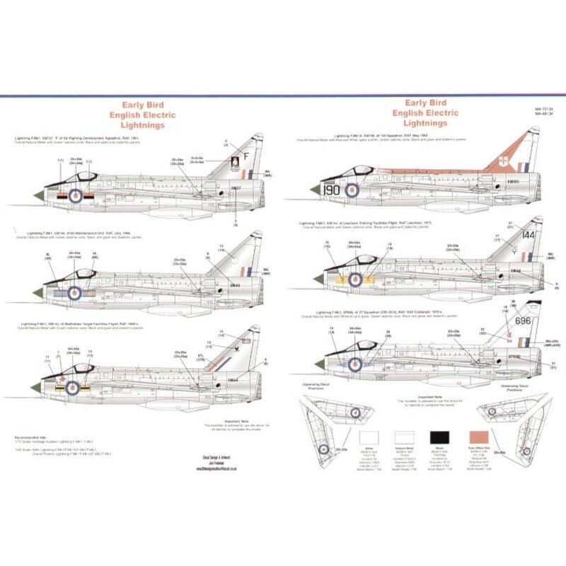 Décal Early BAC/EE Lightnings (6) F Mk.1 XM137/F Air Fighting Development Sqn 1961 XM144 60 Maintenance Unit 1966 XM144 Wattisha