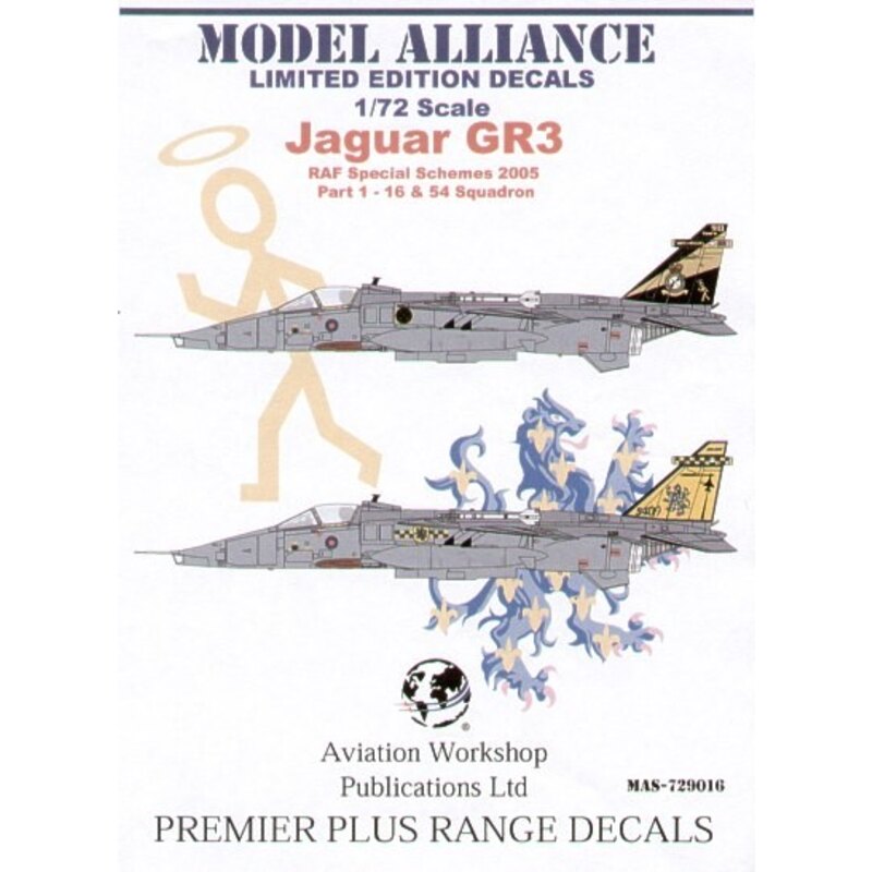 Décal Sepecat Jaguar GR.3 Special schemes Part 1. (2) XX117 PA 16 Sqn 90th Anniversary 2005 black tail with gold markings XZ112 