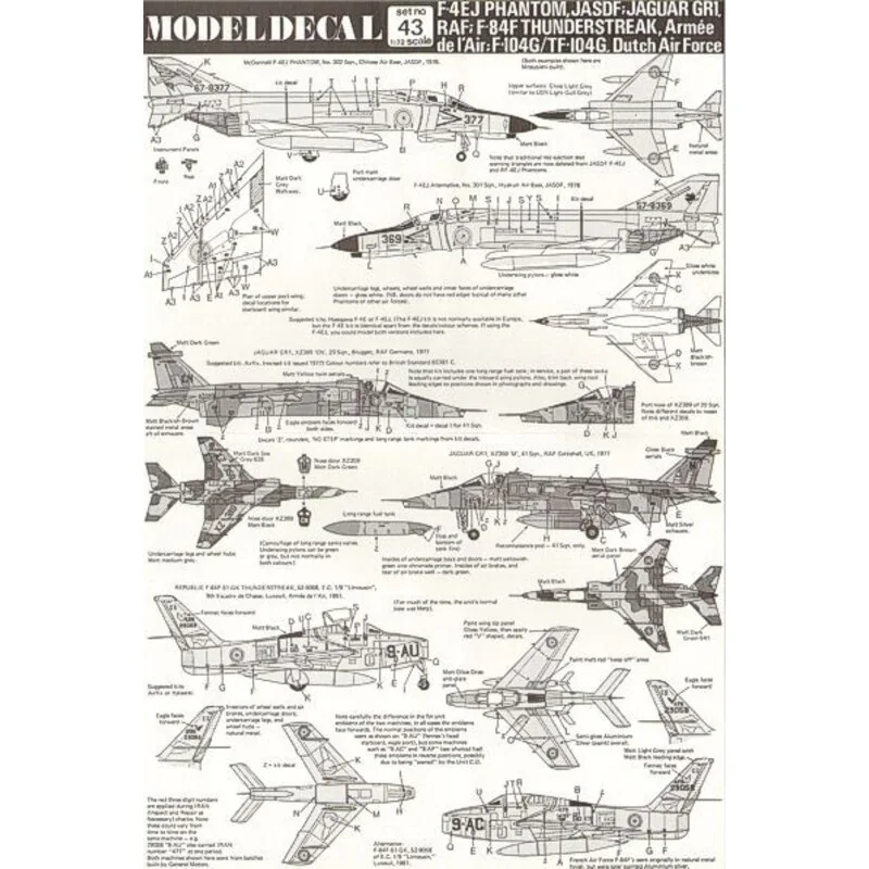 Décal RAF Sepecat Jaguar GR.1 XZ389/CN 20 Sqn Bruggen 1977 XV359/M 41 Sqn Coltishall 1977 Armee de l‚ÄôAir Republic F-84F Thunde