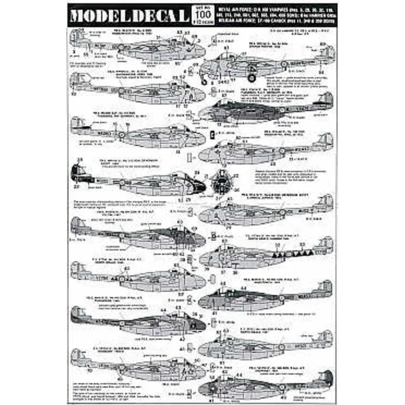 Décal RAF/R Aux Air Force de Havilland Vampire F.3/FB5/FB9 1950-57. 6 20 32 118 185 213 249 501 601 602 603 604 608 Sqns BAe Har
