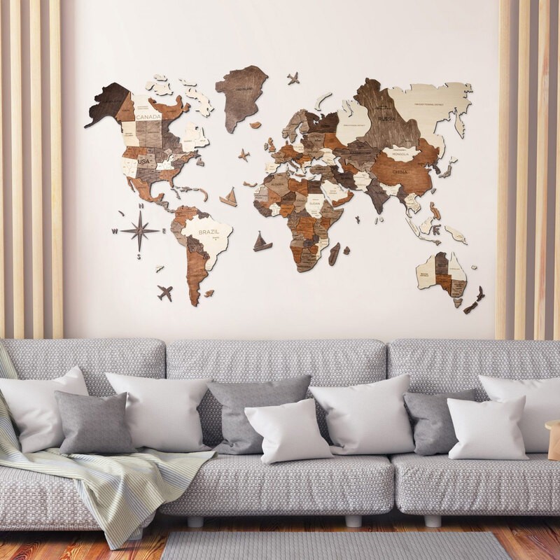 Carte de monde 3D en bois multicolore taille M