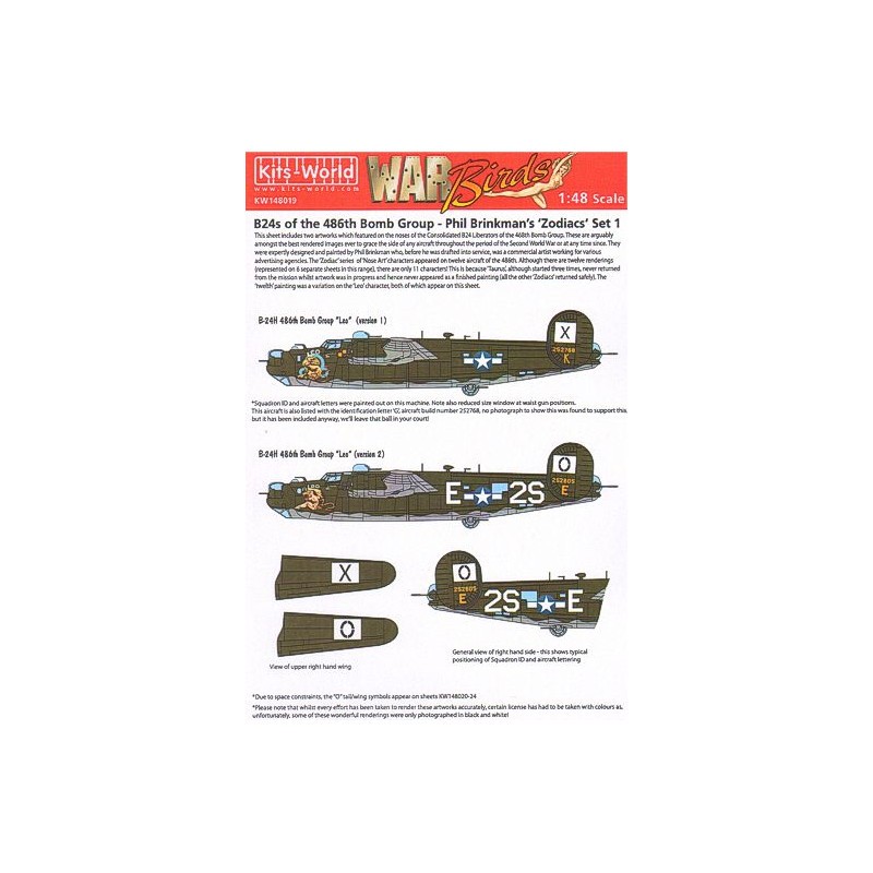 Décal Consolidated B-24H Liberator 834th BS, 486th BG Phil Brinkman's Zodiacs Set 1 (2) 252788 K 'Leo' version 1; 252805 2S-E 'L