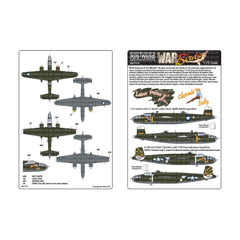 Décal North-American B-25D Mitchell 1:72 Scale B-25D 41-30047 'Labor Pains' 498th Bomb Squadron,1:72 Scale B-25D 42-87444 'Charm