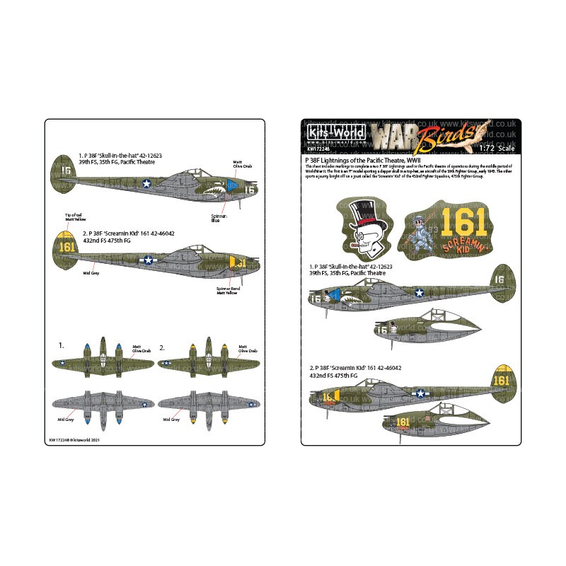 Décal Lockheed P-38 Lightnings - Early War.P-38F 'Skull-in-the-hat'' 42-12623 39e FS, 35e FG, Pacific Theatre.P-38F 'Screamin Ki