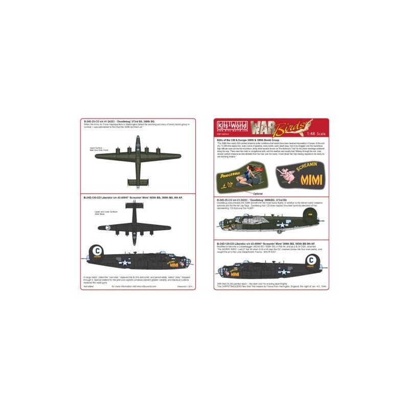 Décal Consolidated B-24D Liberator (2) 41-24223 373rd BS/308th BG 'Doodle Bug'; 42-40997/C 565th BS/389th BG 'Screamin' Mimi'. M