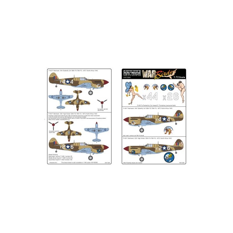 Décal Curtiss P-40 peint par le Cpl Joseph E. Pumphrey (censured tails) P-40-F X26 'High Kicker' 85th FS 79th FG - X44 'Butterfl