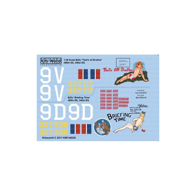 Décal North-American B-25J Mitchell - Corse 340th BG 489th BS 'That's all Brother' 43-27717 (Tail 9V) 340th BG 489 BS 'Briefing 