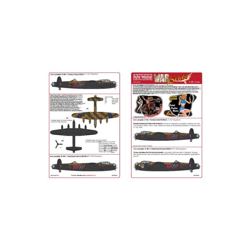 Décal Avro Lancaster BI/III (2) NX554 ZL-F 'Fannin Fanny' 427 Sqn; B.Mk.III ME326 AR-P Pistol Packin Mama' 460 Sqn. Marquages ​​