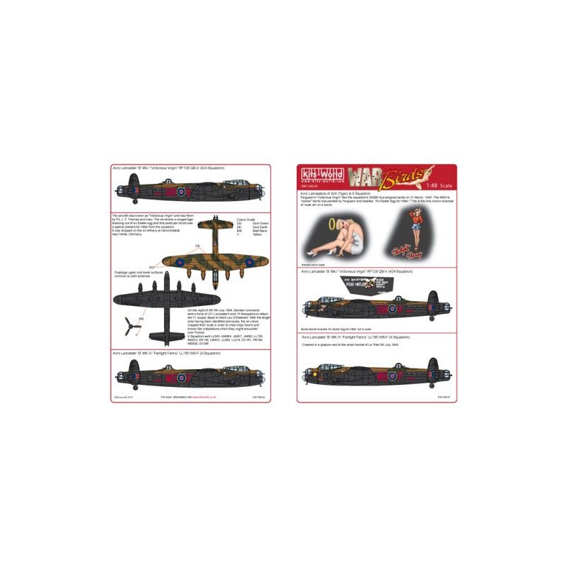 Décal Avro Lancaster BI/III (2) RF128 QB-V 'Vierge victorieuse' 424 (Tiger) Sqn; LL785 WS-F 'Fanlight Fanny' 9 Sqn; Marquages ​​