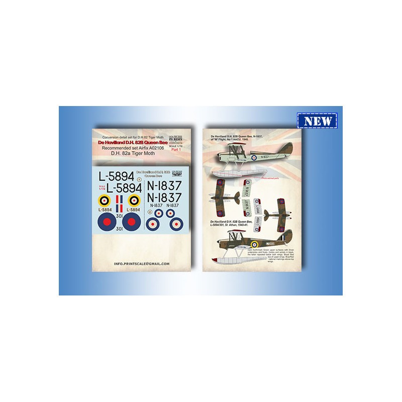 de Havilland DH-82b Tiger Moth Queen Bee Part 1 Le kit contient des pièces en résine 3D et photogravées, un décalque (conçu pour