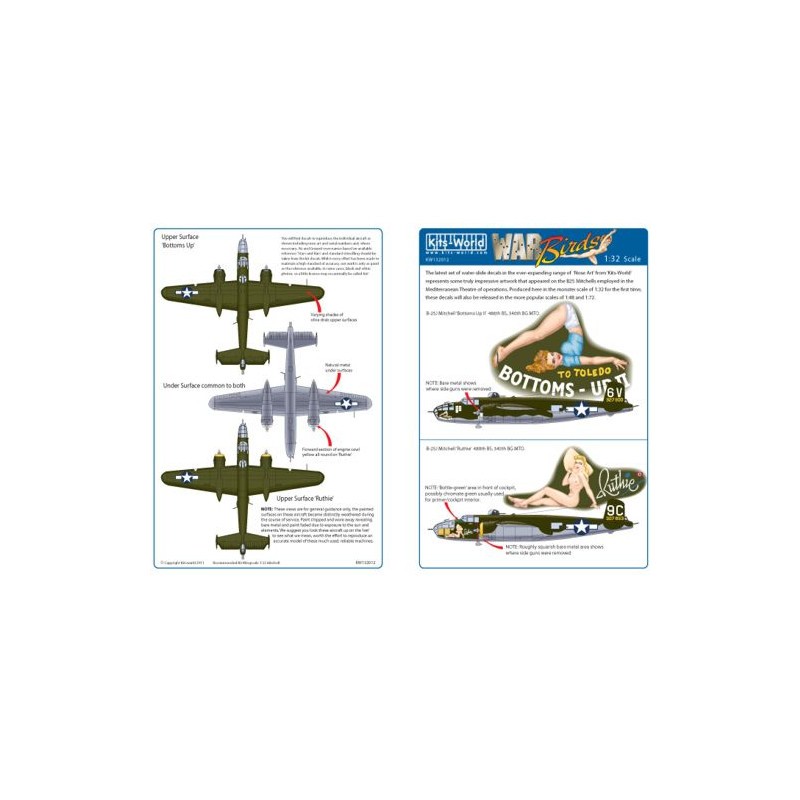 Décal North-American B-25J Mitchell - Corse 340th BG 486 BS 'Bottoms -up II' (Tail 6V) 43-327900 - 340th BG 489th BG 'Ruthie' 43