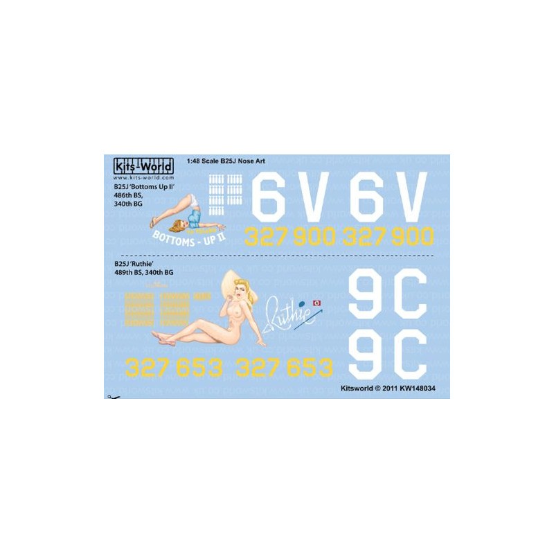 Décal North-American B-25J Mitchell - Corse 340th BG 486 BS 'Bottoms -up II' (Tail 6V) 43-327900 - 340th BG 489th BG 'Ruthie' 43