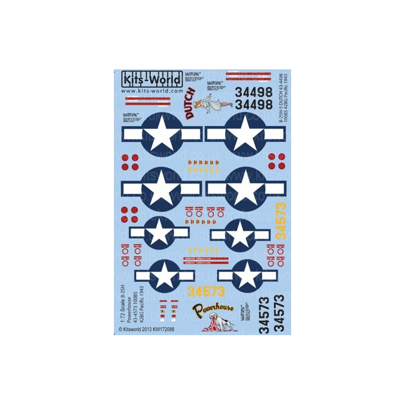 Décal Mitchell nord-américain B-25H-5 43-4573 'Power House' 100BS 42BG Pacific 1943. Mitchell B-25H-5 43-4498 'Dutch' 100BS 42BG