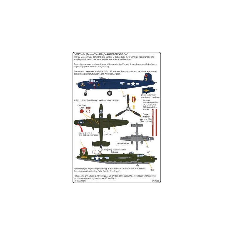 Décal North-American B-25J Mitchell 43-28012 '1 For the Gipper' 100BS 42BG 13AF, Mitchell B-25-PBJ-1J 'Devil Dog' Marines 44-867