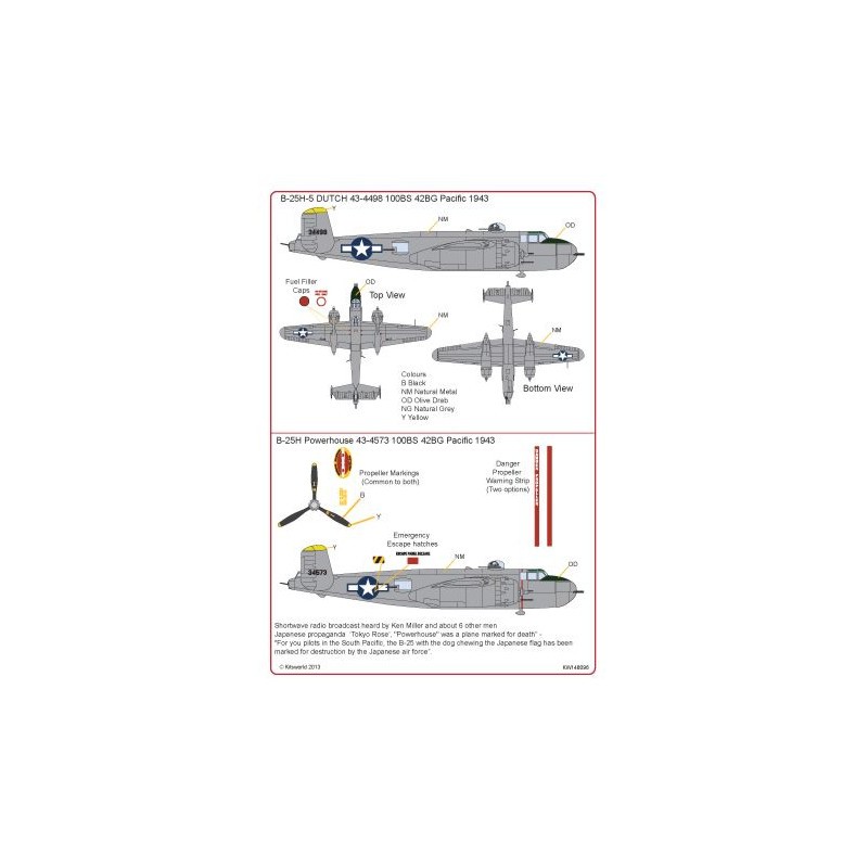 Décal Nord-américain Mitchell B-25H-5 43-4573 'Power House' 100BS 42BG Pacific 1943 Mitchell B-25H-5 43-4498 'Dutch' 100BS 42BG 