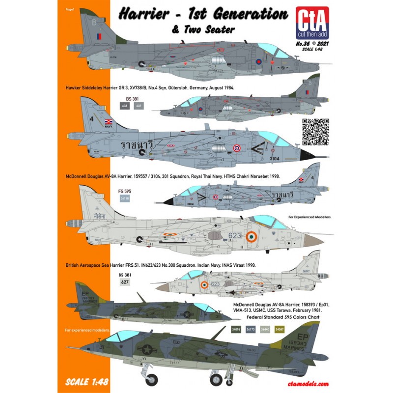 Décal BAe Harrier - 1st Generations & Two Seater (UK, Thailand, India, USA, Spain - 6 Markings) GR.3; AV-8A x 2 ; Sea Harrier FR