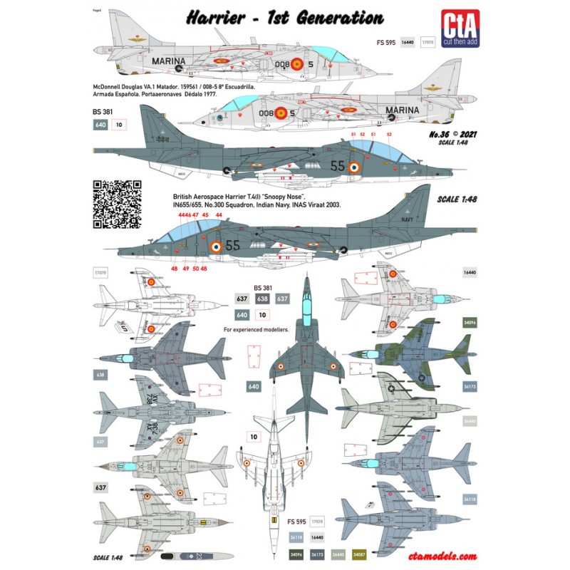 Décal BAe Harrier - 1st Generations & Two Seater (UK, Thailand, India, USA, Spain - 6 Markings) GR.3; AV-8A x 2 ; Sea Harrier FR