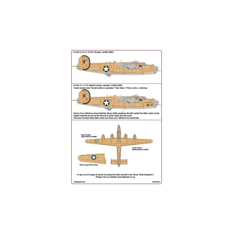 Décal Consolidated B-24D Liberator 343 BS 98 BG - CO 41-23795 'Sneezy' - B 24D 343 BS 98 BG - CO 41-11776 'Bashful/Jersey Jackas