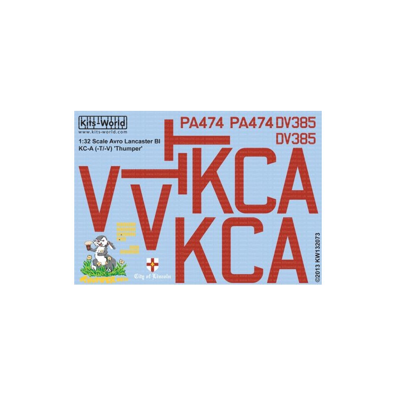 Décal Avro Lancaster BI/III KC-A (-T/-V) PA474 DV 385 'Thumper' MkIII Flt Lt Bob Knight 617 Sqn Woodhall Spa, Angleterre. 1944