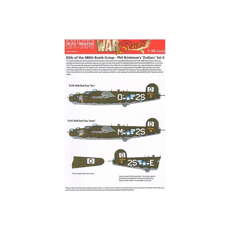 Décal Consolidated B-24H Liberator Phil Brinkman's 'Zodiacs' 834th BS 486 BG - 2 Nose Art Designs Set 6 - 'Aquaria - Aries'