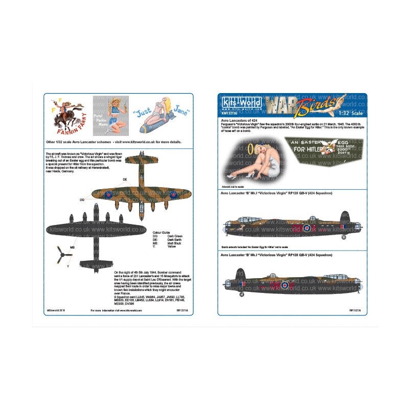 Décal Avro Lancaster Bomber 'B 'Mk.I - 424 (Tiger) Squadron - 'Victorious Virgin' RF128 QB-V. Conçu pour le kit de modèle HK.