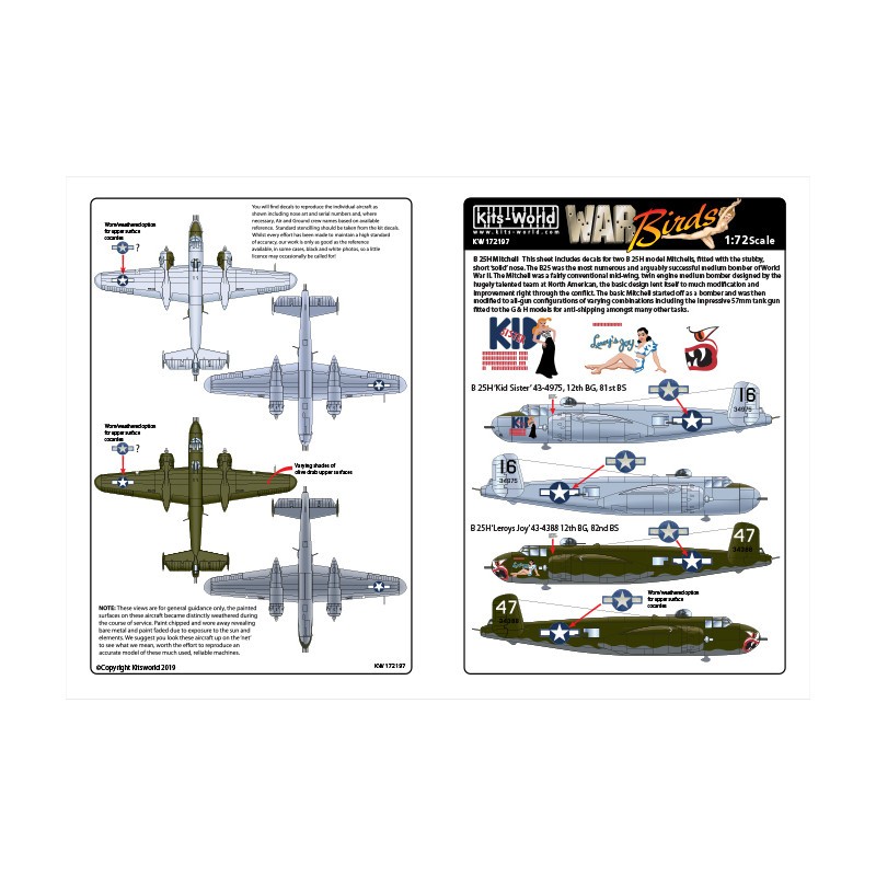 Décal B-25H nord-américain Mitchell 'Kid Sister' 43-4975, 12e BG, 81e BS. B-25H 'Leroys Joy' 43-4388 12e BG, 82e BS.