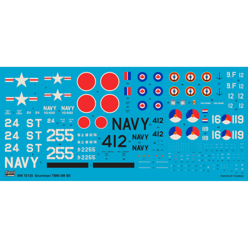 Grumman TBM-3W Guppy. 5 Marquages ​​US Navy, JSDAF, Hollande, RCAF et France. Édition limitée avec de grands décalcomanies