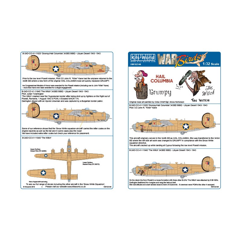 Décal Consolidated B-24D Liberator (dimensionné pour les kits Hobby Boss à l'échelle 1/32) 'Snow White and the Seven Dwarfs Squa