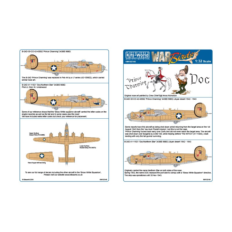 Décal Consolidated B-24D Liberator (dimensionné pour les kits Hobby Boss à l'échelle 1/32) 'Blanche-Neige et l'escadron des sept