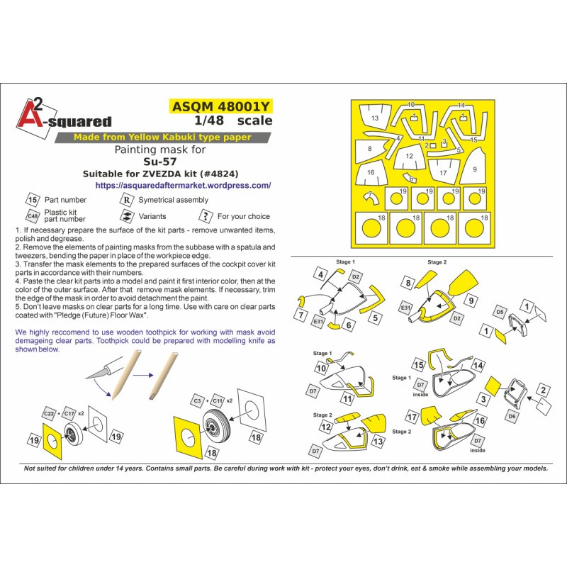 Masque découpé Sukhoi Su-57 pour peindre le cadre de la verrière et le moyeu de roue (conçu pour être utilisé avec les kits Zvez