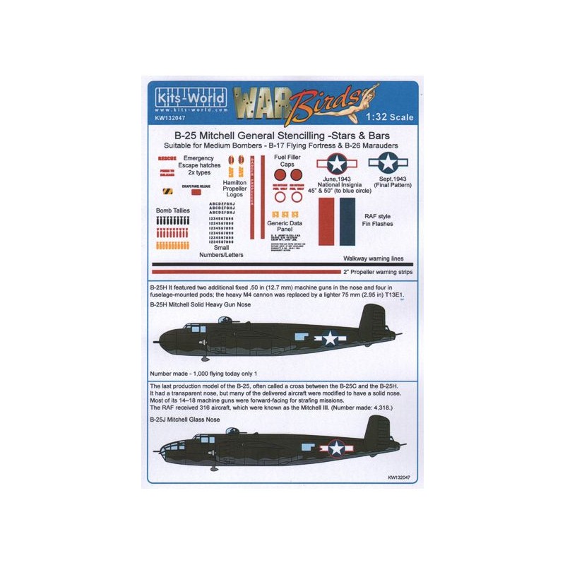 Décal North-American B-25J Mitchell General Stencilling - Étoiles et barres adaptées aux bombardiers moyens