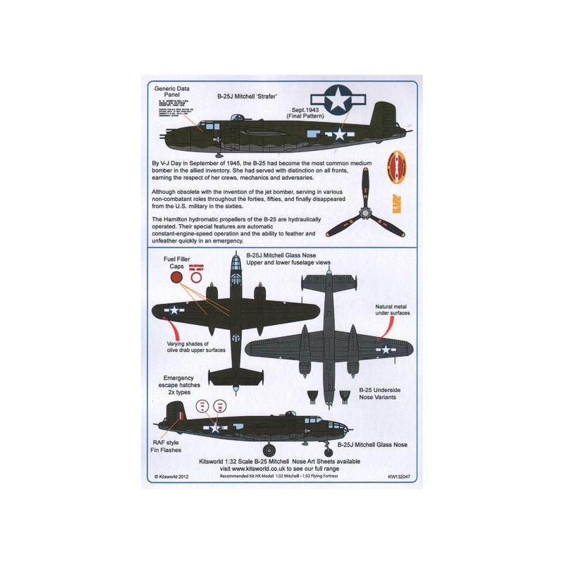 Décal North-American B-25J Mitchell General Stencilling - Étoiles et barres adaptées aux bombardiers moyens