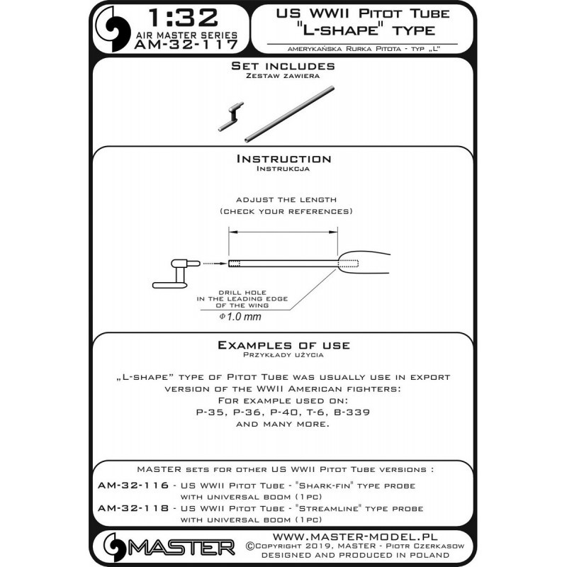 Tube de Pitot US WWII - Sonde de type 'L shape' (1 pièce) - à utiliser sur les versions d'exportation des avions américains